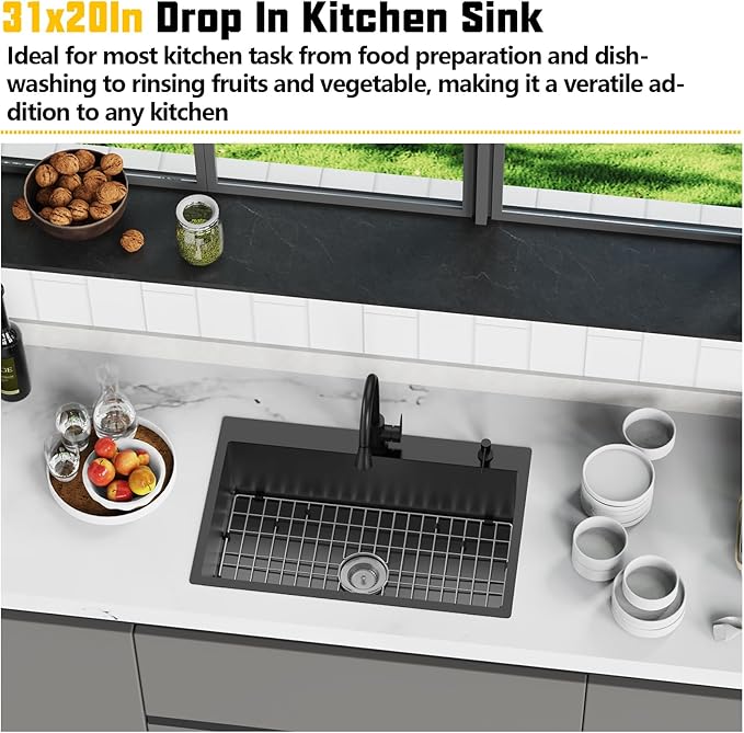 Black 31x20 Inch Drop In Kitchen Sink-Stainless Steel Single Bowl Topmount Kitchen Sink Stylish And Modern Look With Bottom Grid,Silicon Mat And Drain Assembly Add Elegance & Enhance Usability