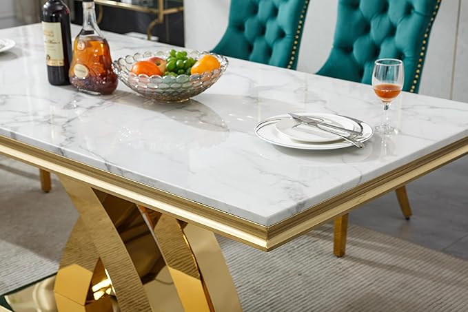 68 Inch Marble Dining Table for 4-6,Modern Dining Room Table with White Faux Marble Tabletop & Gold X Stainless Steel Base,Luxury Rectangle Gold Kitchen Dining Room Table for Living Room Home Office