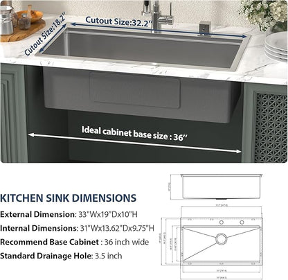 Lordear 33 Drop In Kitchen Sinks Worktation - 33x19 Drop Kitchen Sink 16 Gauge 304 Stainless Steel Single Bowl Over Counter Handmade Sink Basin With Built-in Accessories