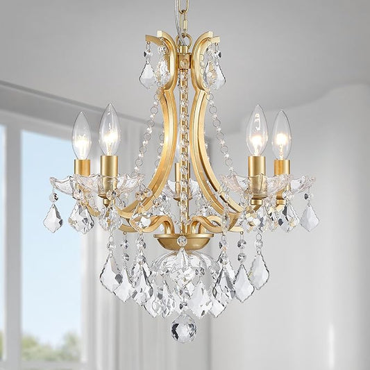 WUZUPS 5-Light Crystal Candle Chandelier Pendant Ceiling Light Modern Lighting Fixture for Bedroom Hallway Bar Kitchen Bathroom, H 19" W 16.6", E12 Base, Gold