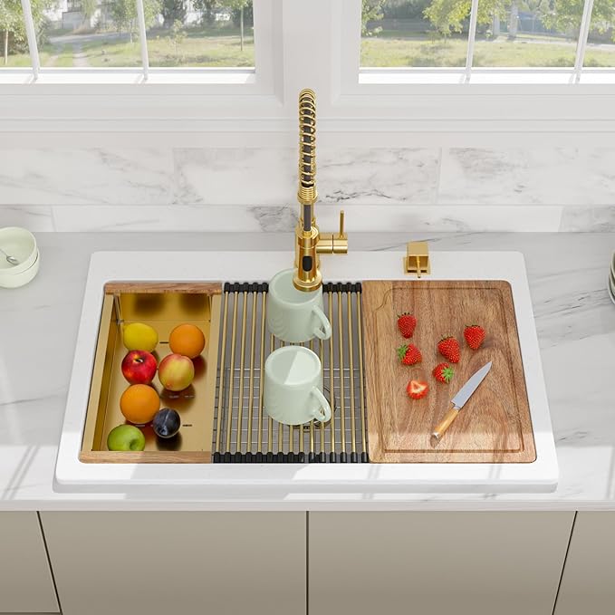 33 Granite Composite Kitchen Sink - Beslend 33x22 Drop In White Kitchen Sink, Topmount Granite Luxury Above Counter Worksation White Sinks Easy Clean Quartz Dish Basin for Kitchen Remodel