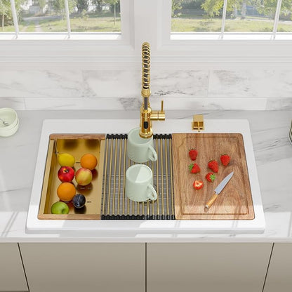 33 Granite Composite Kitchen Sink - Beslend 33x22 Drop In White Kitchen Sink, Topmount Granite Luxury Above Counter Worksation White Sinks Easy Clean Quartz Dish Basin for Kitchen Remodel