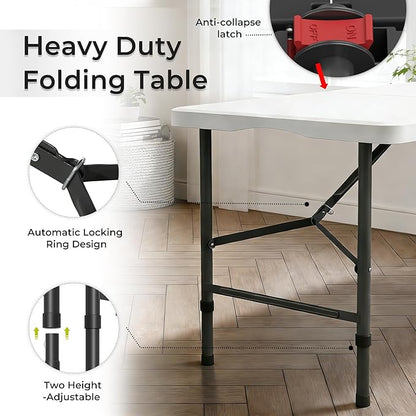 Folding Table Portable Folding Tables Heavy Duty 400 lbs Capacity, Wood Grain Tabletop for Working Meeting Parties, Picnic, Camping, Weddings, Garden Dining (4FT-White)