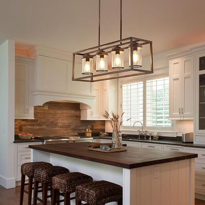 Farmhouse Dining Room Light Fixtures, Black and Gold Chandeliers for Dining Room,Kitchen Island,Office Coffee Shop, Rustic Rectangle Linear Pendant Ceiling Light with Glass Shade,Oak and Gold