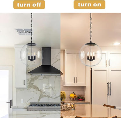 KoKo&Yukina 14" Black Globe Pendant Light Mid Century Pendant Light Clear Glass Pendant Lights Kitchen Island Adjustable Hanging Light Fixture for Dining Room Bedroom Kitchen Island