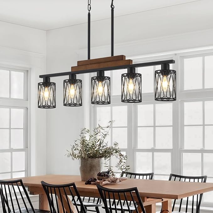 5-Light Farmhouse Kitchen Island Lighting Dining Room Light Fixture Over Table Matte Black Rustic Wood Hanging Kitchen Chandelier with Metal Shade Adjustable Height Pendant Lights for Dining Room