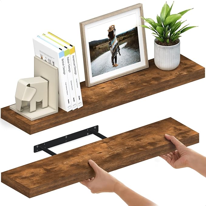 Ballucci Floating Shelves for Wall, 36" Wood Wall Shelf Set of 2, with Invisible Brackets for Bathroom, Living Room, Bedroom, Kitchen, Nursery, 8" Deep, Rustic Brown