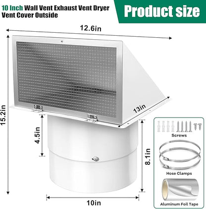White 10 Inch Hooded Wall Vent with Screen and Damper Exterior Exhaust Vent Cover Cap
