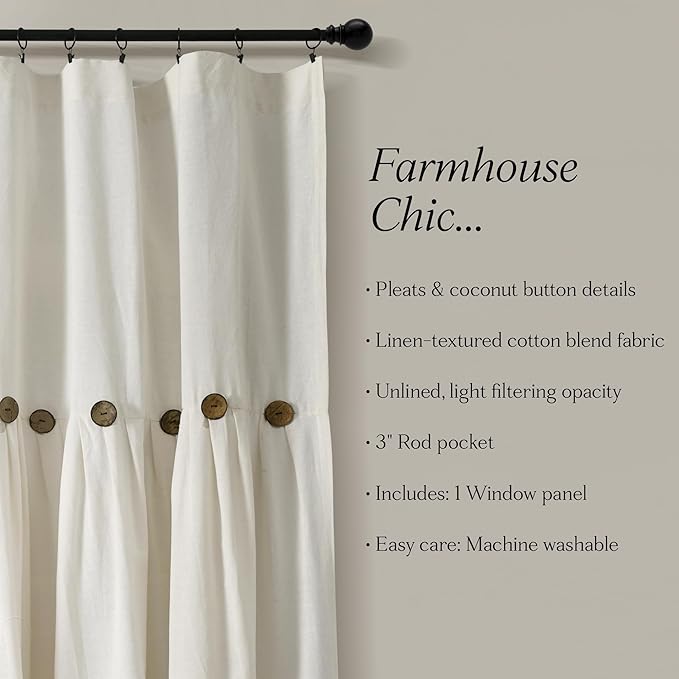 Lush Decor Linen Button Window Curtain Panel, Single, 100" W x 84" L, Off-white - Country Curtains - Rustic Decor - Color Block Modern Farmhouse Curtains For Living Room, Bedroom & Dining Room