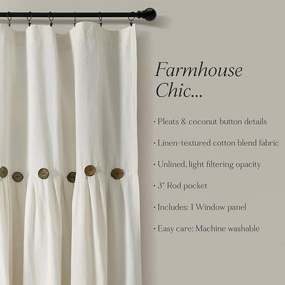 Lush Decor Linen Button Window Curtain Panel, Single, 100" W x 84" L, Off-white - Country Curtains - Rustic Decor - Color Block Modern Farmhouse Curtains For Living Room, Bedroom & Dining Room