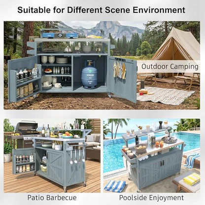 Casaphoria 53.3" Outdoor Kitchen BBQ Grill Cart, 100% Fir Wood Bar Cart Pizza Oven Table with Stainless Steel Countertop, Raised Worktop, Hooks, Adjustable Shelves Outdoor Kitchen Island,Blue