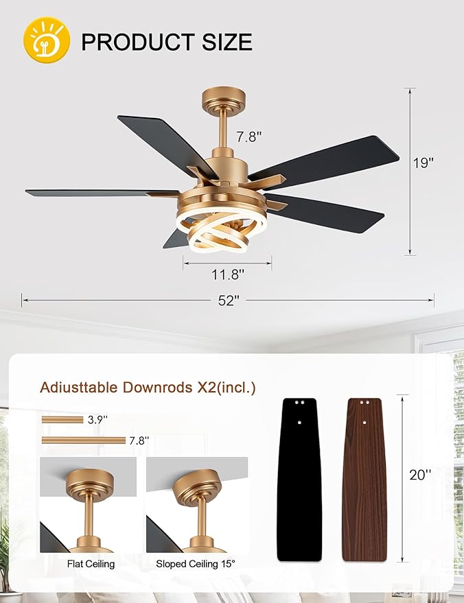 Dawn Whisper 52" Ceiling Fan with Light Gold Chandelier Fan DC Motor Dimmable LED Modern Ceiling Fan with Light for Bedroom Living Room