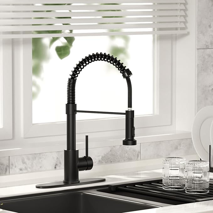 Black Kitchen Faucet with Pull Down Sprayer, High Arc Spring 304 Stainless Steel Commercial Kitchen Sink Faucet,1 or 3 Hole Installation for Farmhouse, RV Camper, Laundry & Utility Sink
