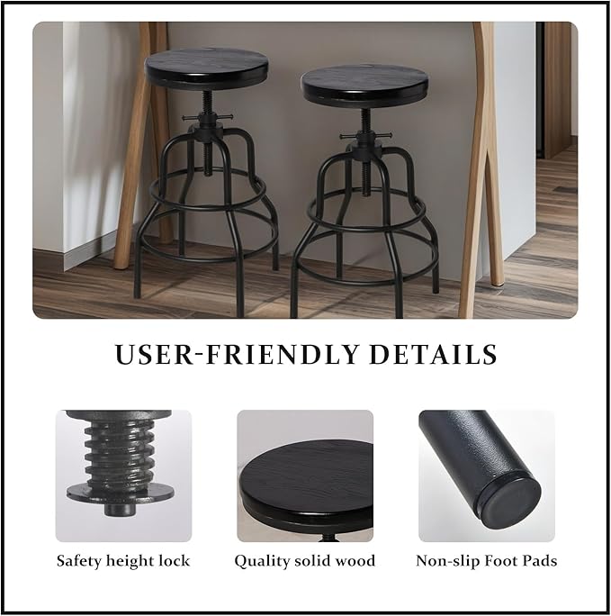 LOKKHAN Vintage Industrial Bar Stool-Rustic Swivel Bar Stool-Round Walnut Wood Metal Stool-Counter/Bar Height Adjustable Pipe Stool-Cast Steel Stool 23.62"-29.52" (Set of 2)