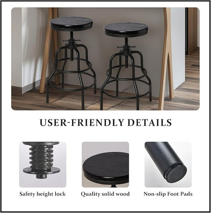 LOKKHAN Vintage Industrial Bar Stool-Rustic Swivel Bar Stool-Round Walnut Wood Metal Stool-Counter/Bar Height Adjustable Pipe Stool-Cast Steel Stool 23.62"-29.52" (Set of 2)