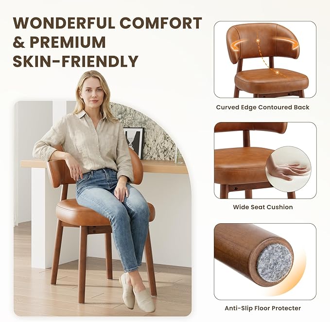 MALOL Wooden Dining Chairs Set of 6, Modern Upholstered Dining Room Chair, PU Leather Kitchen Side Chairs with Curved Open Back for Living Room/Restaurant/Cafe, Brown