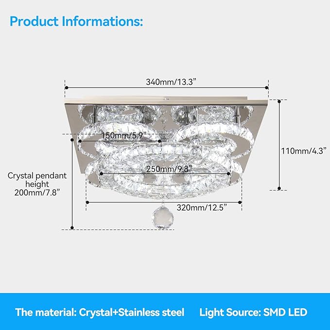 Modern Crystal Chandelier, 5-Ring LED Flush Mount Ceiling Light, Crystal Ceiling Lamp with Stainless Steel Base for Living Room Bedroom Dining Room Kitchen, Cool White