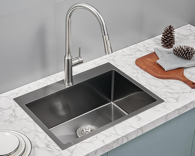 Kitchen Sink Drop in - TSIBOMU 20 x 16 Inch Kitchen Sink Topmount 18 Gauge Stainless Steel Single Bowl Overmount Bar Sink(Black)