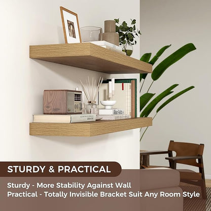 Venusmiles Floating Shelves for Wall, Engineered Wood Wall Shelves with Invisible Brackets for Living Room Bedroom Bathroom Office Kitchen Decor and Storage (Oak, 36" W x 9" D x 1.5" H) Set of 2