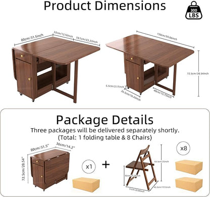 Folding Dining Table and Chairs - 59" Fully Assembled Drop Leaf Table 4-6 Seater with Storage and Lockable Wheels, Space-Saving Set with 8 Chairs for Kitchen or Dining Room (Walnut)