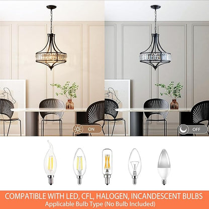 Crystal Chandeliers for Dining Room, Round Rustic Farmhouse Chandelier, Metal Shade, 4-Light Modern Chandelier for Hallway, Bedroom, Foyer Black