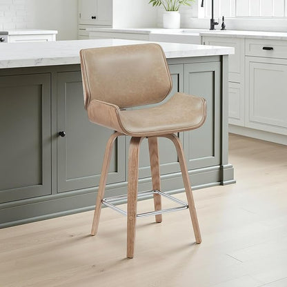 Tyler Modern Counter Height Swivel Bar Stool with White Wash Finished Wood and Vintage Brown Upholstery Set of 2