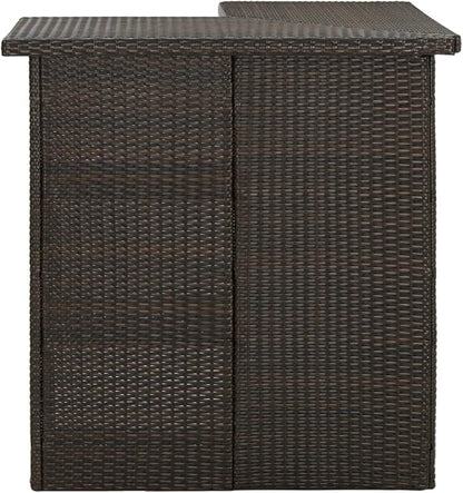 Corner Bar Table with Storage Shelves, Brown Synthetic Poly Rattan Steel Frame Modern Design for Indoor Outdoor Use in Kitchen Dining Room or Patio Space Saving Solution