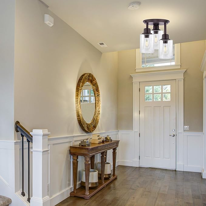 Semi Flush Mount Ceiling Light, 3-Light Close to Ceiling Light Fixtures, Vintage Oil-Rubbed Bronze Finish Kitchen Light Fixture with Clear Seeded Glass Shade Patriot Lighting for Entryway Porch Foyer