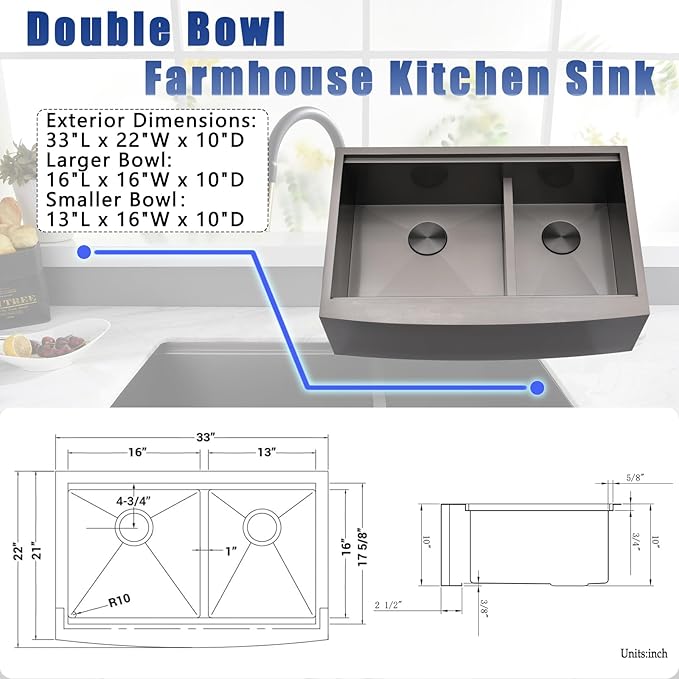 33x22 Double Bowl Farm Sink for Kitchens Workstation - 33 Inch Black Stainless Steel Farmhouse Kitchen Sink Double Bowl, Apron Undermount Double Kitchen Sink with Accessories
