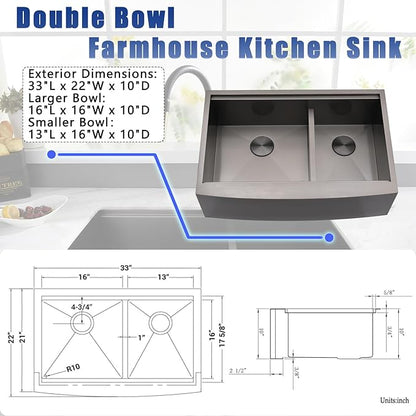 33x22 Double Bowl Farm Sink for Kitchens Workstation - 33 Inch Black Stainless Steel Farmhouse Kitchen Sink Double Bowl, Apron Undermount Double Kitchen Sink with Accessories