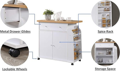 Hodedah Import Kitchen Island with Spice Rack and Towel Rack, White,