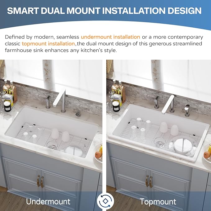 30 White Undermount Kitchen Sink, Hugsleek Topmount & Undermount Kitchen Sink 30x18 inch White Porcelain Ceramic Fireclay Sinks Dual Mount Accessories Single Bowl Under Counter Sinks Basin Drop In