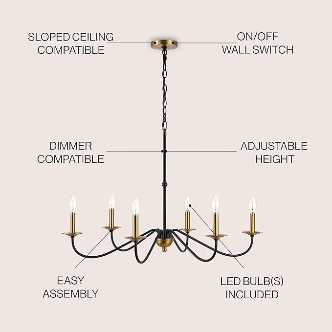 JONATHAN Y 34.75" Brass Gold/Black 6-Light Bohemian Farmhouse Iron Chandelier, Rustic Candle-Style LED Hanging Light for Dining Room Kitchen Island Entryway Foyer (JYL7559C)