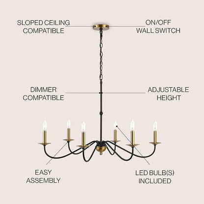 JONATHAN Y 34.75" Brass Gold/Black 6-Light Bohemian Farmhouse Iron Chandelier, Rustic Candle-Style LED Hanging Light for Dining Room Kitchen Island Entryway Foyer (JYL7559C)
