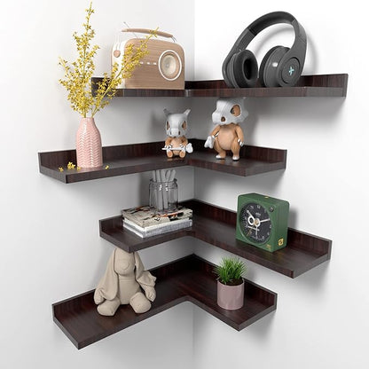 Corner Floating Shelves Set of 4, Rustic Pine Wood Corner Shelves for Wall Storage and Decor, L-Shaped Corner Wall Mounted Shelf for Bedroom, Living Room, Bathroom, Kitchen and more – Red Brown