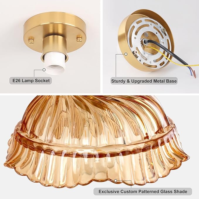 Shenmoyl Semi Flush Mount Vintage Lights Fixture with Amber Pumpkin Hat Glass, 4.72" Modern Ceiling Light for Bathroom, Kitchen, Bedroom