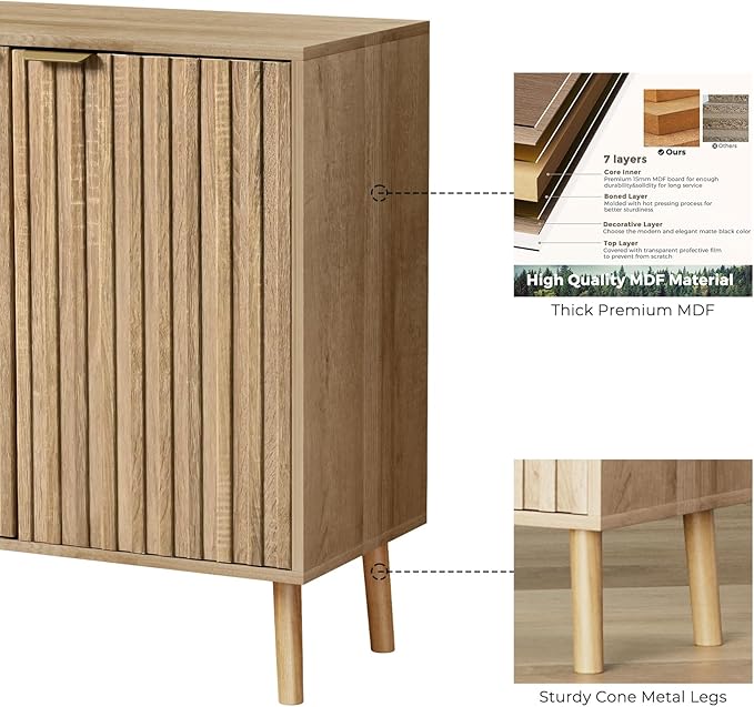 Vrullu Fluted Storage Cabinet, Free Standing Buffet, Wood Sideboard, Multifunctional Accent Storage for Living Room, Hallway, Entryway, Dining Room (2, Oak)