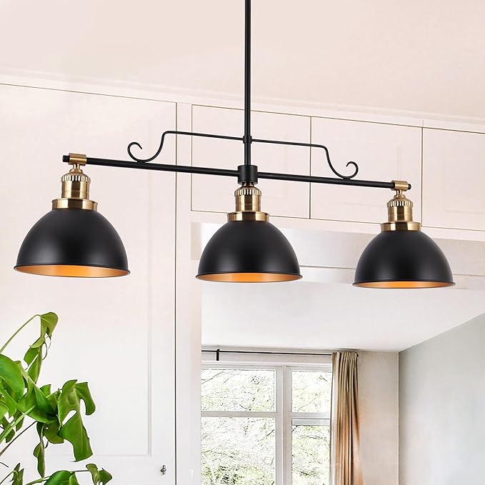 KSANA Chandeliers for Dining Room, 3-Light Linear Kitchen Island Pendant Lighting, 34.5 Inch Large Black and Gold Pool Table Lighting Fixture Hanging