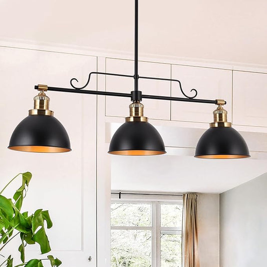 KSANA Chandeliers for Dining Room, 3-Light Linear Kitchen Island Pendant Lighting, 34.5 Inch Large Black and Gold Pool Table Lighting Fixture Hanging