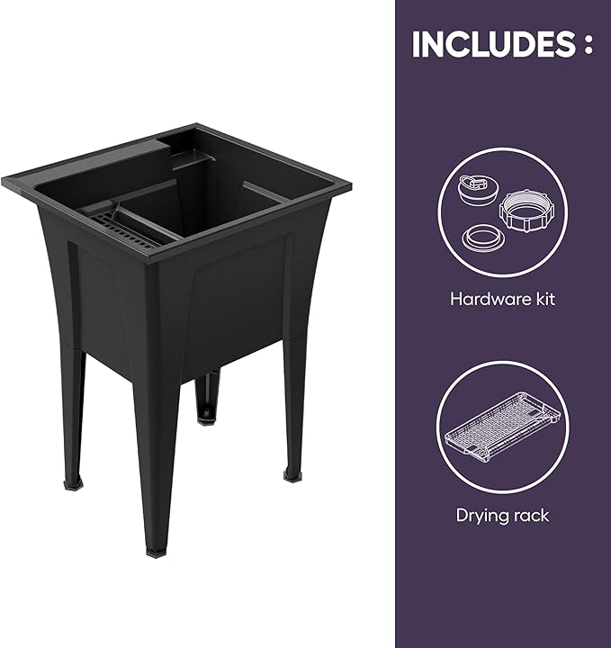 24” Utility Sinks for Laundry Room, Garage, Garden, Basement – Noah William Home Indoor and Outdoor Polypropylene Basement Wash Tub - No Faucet Included (Black)