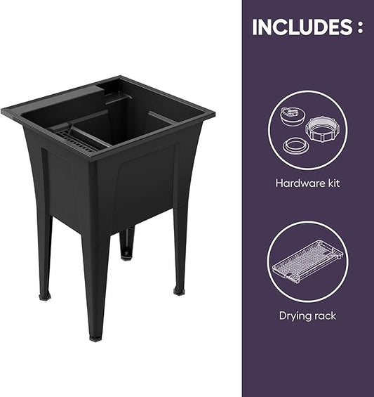 24” Utility Sinks for Laundry Room, Garage, Garden, Basement – Noah William Home Indoor and Outdoor Polypropylene Basement Wash Tub - No Faucet Included (Black)