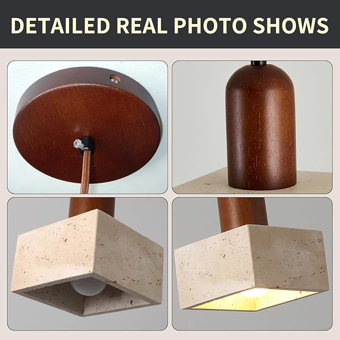 Japanese Wabi sabi Pendant Light with Natural Stone Shade, Dimmable Modern Wood Hanging Lamp Fixture, Adjustable Height Pendant Lamp for Bedroom, Kitchen Island, Dining Room, Restaurant, Cafe, Bar (K)