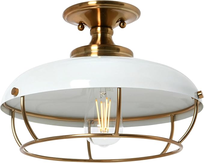 Presley Caged Dome Metal Semi-Flush Mount Ceiling Light, Brushed Brass and White