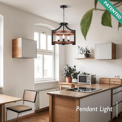 3-Light Farmhouse Chandelier, 14.5” Pendant Hanging Lighting Adjustable Height, Convertible Vintage Semi Flush Mount Ceiling Light Fixture, Rustic Chandeliers for Dining Room Foyer Entryway Kitchen