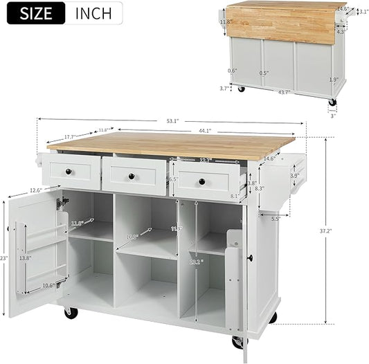 Mobile Kitchen Island with Drop Leaf, Rolling Kitchen Cart on 5 Wheels with Rubberwood Top, Storage Cabinet with 3 Storage Compartment, Spice and Towel Racks for Dining Room