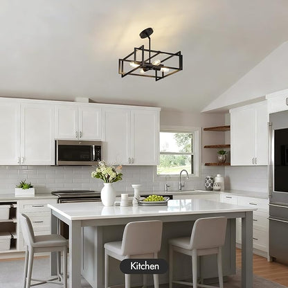 Modern Black Semi Flush Mount Ceiling Light Fixture 16.5", 4-Light Industrial Farmhouse Lighting for Kitchen Dining Room Living Room Entryway Bedroom Hallway, Sloped Ceiling Compatible, E26 Base