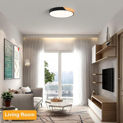 Vikaey Modern LED Ceiling Light, Minimalist Wood Flush Mount Ceiling Light Fixture, 4000K Not Dimmable, Circle Lighting Lamp with Acrylic Lampshade for Bedroom Dining Room Laundry (Black,15.8")