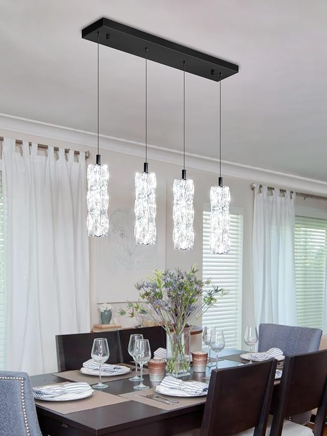ykolupty Dining Room Light Fixture 4-Light Black Kitchen Island Lighting Industrial Linear Chandeliers for Dining Room Pendant Light Fixture for Living Room Hallway Bedroom 2700K-6000K