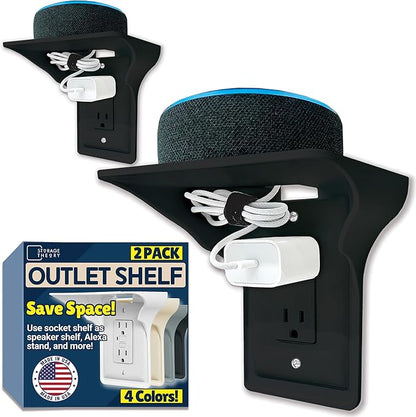 Power Perch Wall Outlet Shelf with Cord Storage Strap - Declutter & Reclaim Bathroom Counter Space - Alexa Stand, Apple Homepod Shelf, Toothbrush Holders Wall Mounted - Black, 2-Pack