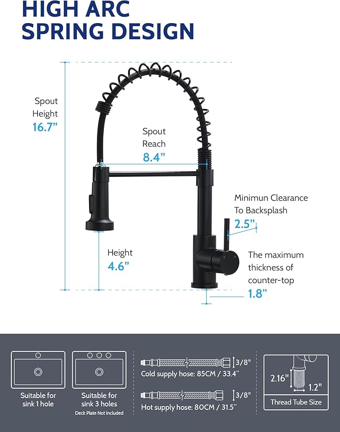 LUFEIDRA Black Kitchen Faucet with Pull Down Sprayer, High Arc Spring 304 Stainless Steel Single Handle 1 or 3 Hole 2 Mode Kitchen Faucets for Farmhouse RV Camper Laundry Wet Bar